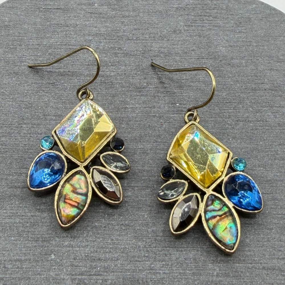 Multicolor Rhinestone Abalone Look Gold Tone Dangle Earrings Boho Statement